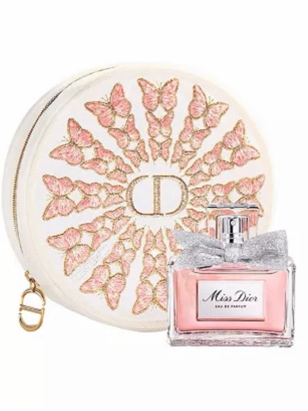 Dior White & Pink Embroidered Round Cosmetic Pouch with Gold CD Accent
